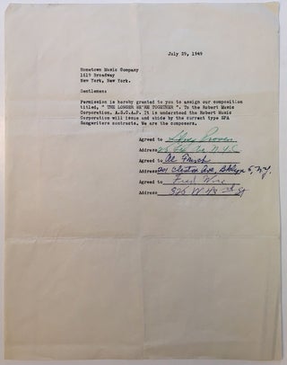Item #271740 Rare signed music contract from the vaults of Hometown-Village Music. Fred WISE,...
