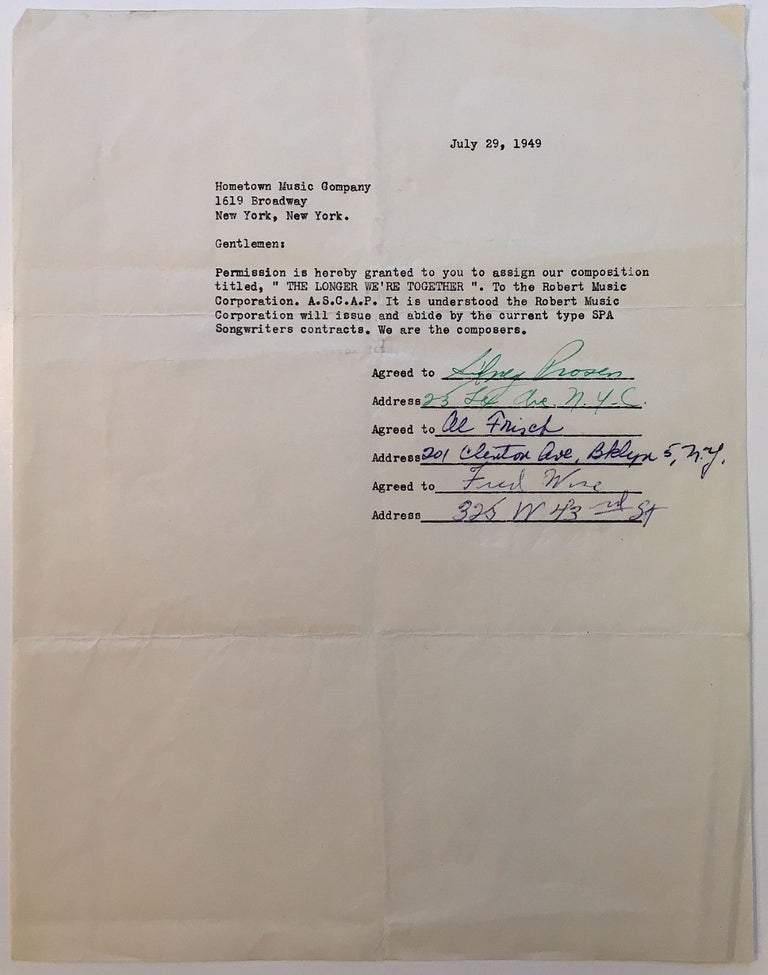 Item #271740 Rare signed music contract from the vaults of Hometown-Village Music. Fred WISE, 1915 - 1966.