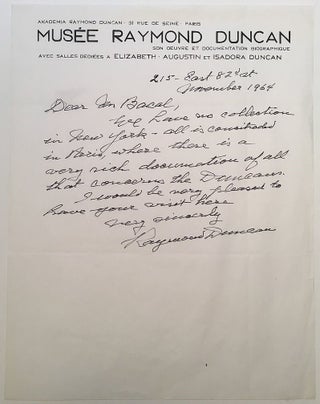 Item #272370 Fine content Autographed Letter Signed. Raymond DUNCAN