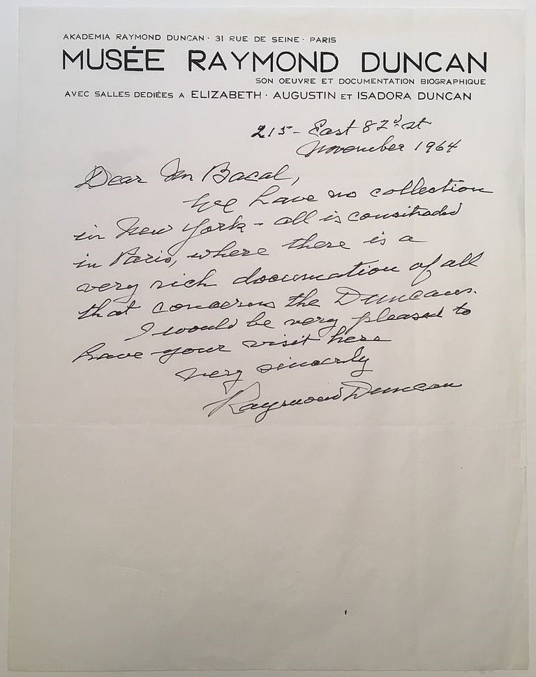 Item #272370 Fine content Autographed Letter Signed. Raymond DUNCAN, 1874 - 1966.