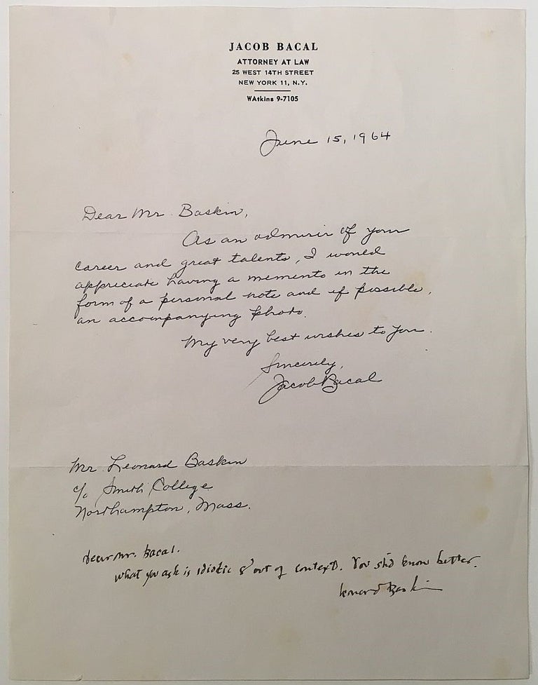 Item #272392 Nasty Autographed Note Signed to well-known attorney and autograph collector Jacob Bacal. Leonard BASKIN, 1922 - 2000.