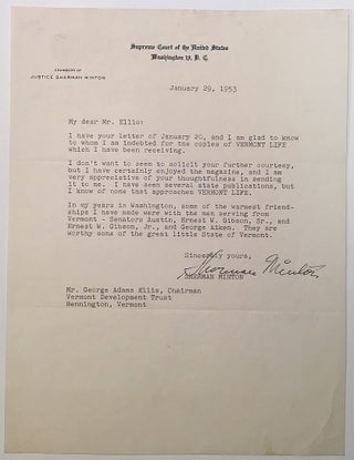 Item #272598 Typed Letter Signed on Supreme Court letterhead. Sherman MINTON