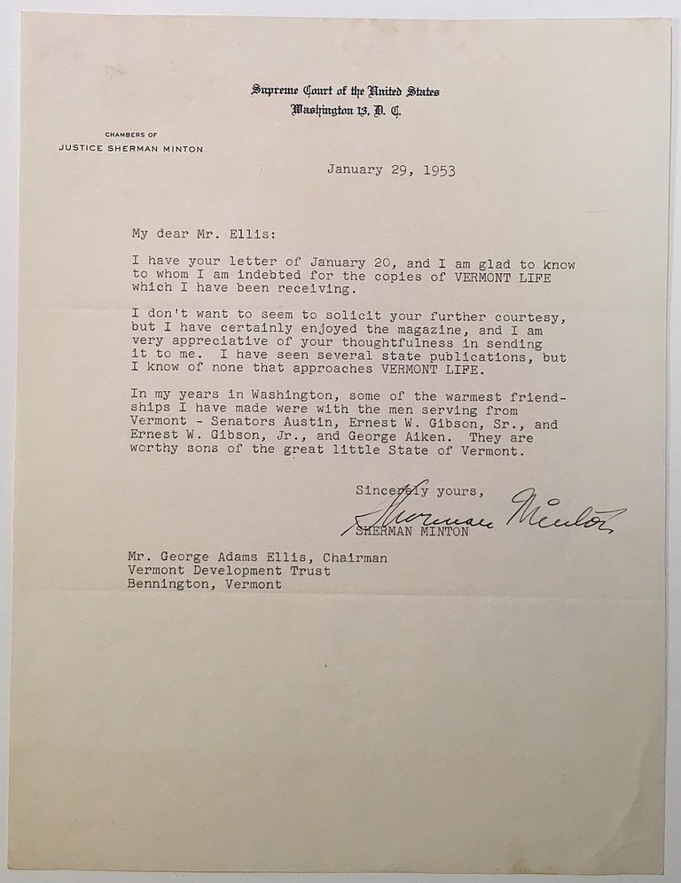 Item #272598 Typed Letter Signed on Supreme Court letterhead. Sherman MINTON, 1890 - 1965.