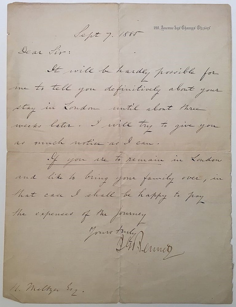 Item #272611 Autographed Letter Signed to journalist Henry Meltzer. James Gordon BENNETT.