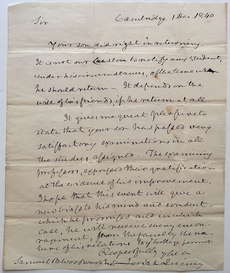 Item #273084 Autographed Letter Signed as President of Harvard University. Josiah QUINCY, 1772 - 1864.