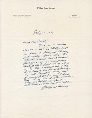 Item #273143 Autographed Letter Signed on Harvard University letterhead. William Ernest HOCKING,...