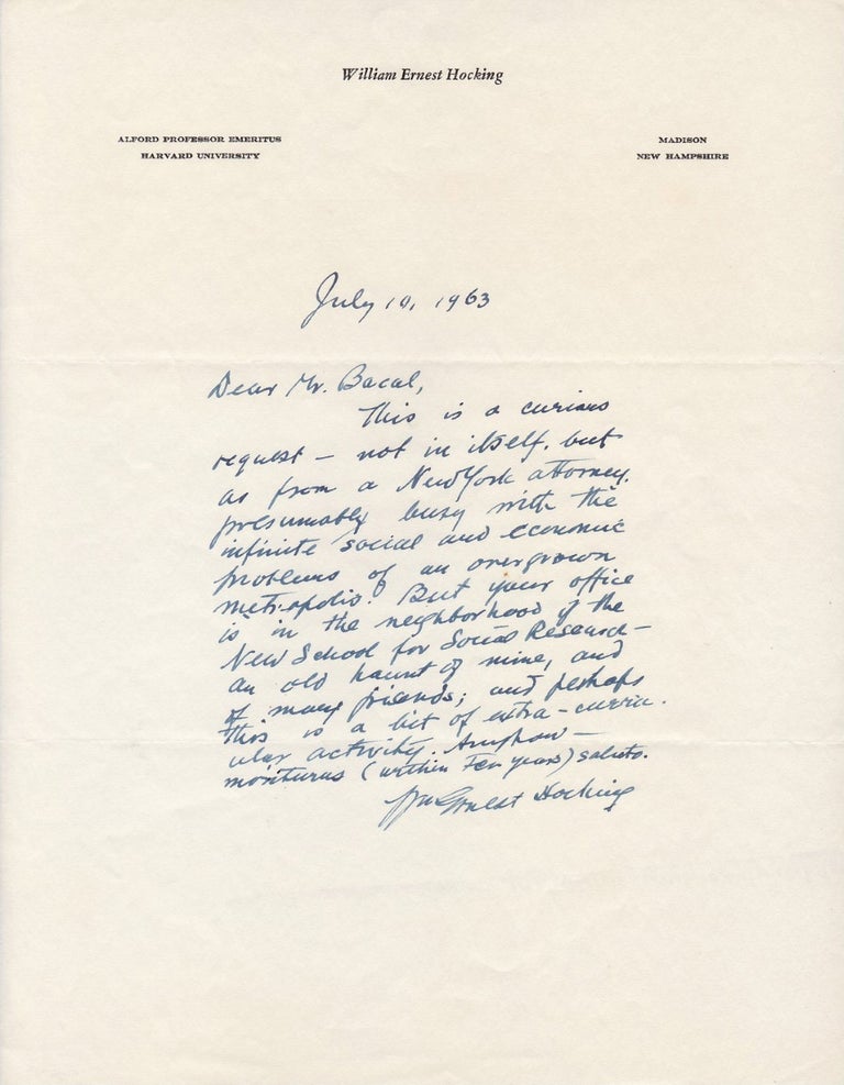 Item #273143 Autographed Letter Signed on Harvard University letterhead. William Ernest HOCKING, 1873 - 1966.