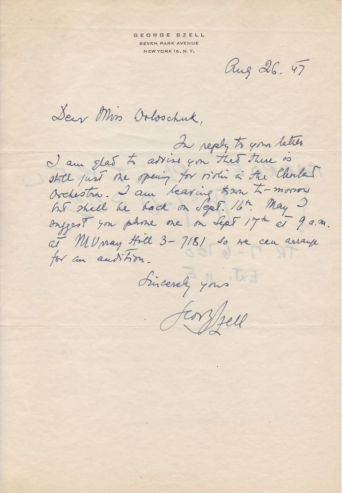 Item #273146 Autographed Letter Signed to a violinist. George SZELL, 1897 - 1970.