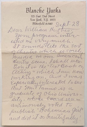 Item #273235 Autographed Letter Signed to a theatre historian. Blanche YURKA, 1887 - 1974