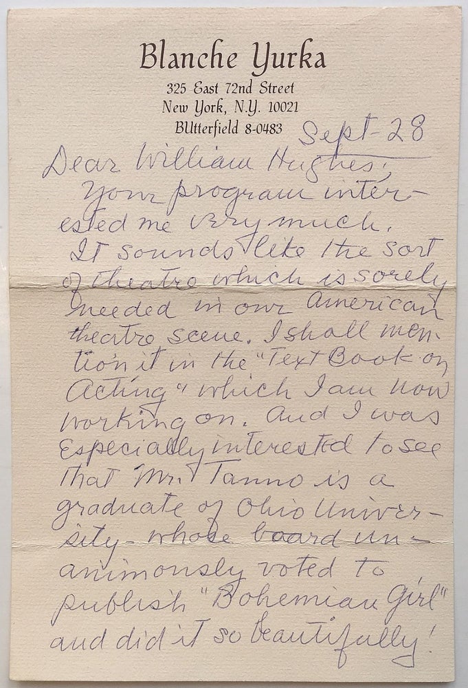Item #273235 Autographed Letter Signed to a theatre historian. Blanche YURKA, 1887 - 1974.