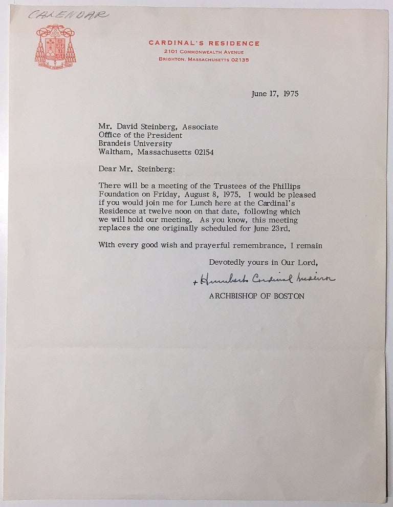 Item #273242 Typed Letter Signed on "Cardinal's Residence" letterhead. Humberto Sousa MEDEIROS, 1915 - 1983.