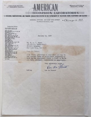 Item #273286 Typed Letter Signed on scarce "American Television Laboratories" letterhead. Lee de...