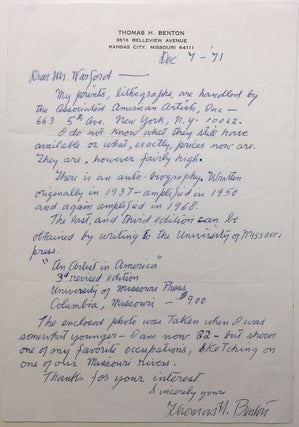 Item #273338 Autographed Letter Signed on personal stationery. Thomas Hart BENTON