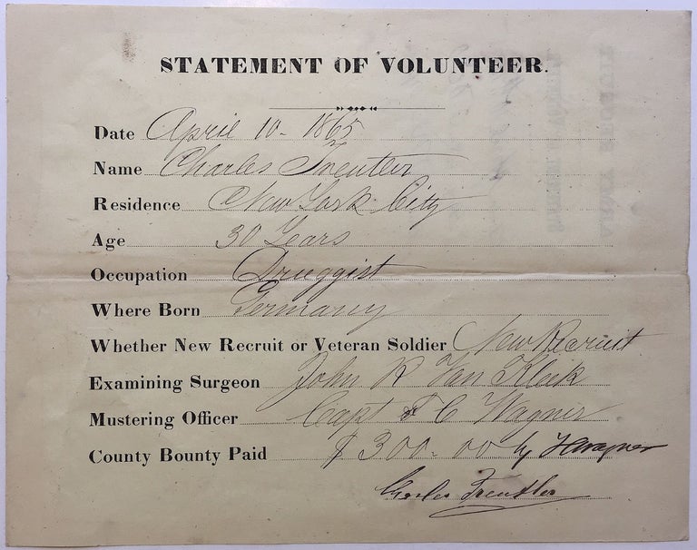 Item #273942 Partly printed Document Signed "Charles Freuter" CIVIL WAR.