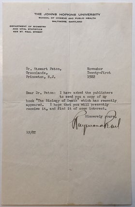 Item #273972 Important Typed Letter Signed on John Hopkins University letterhead. Raymond PEARL,...