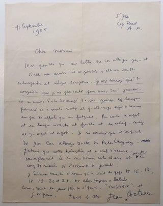 Item #274215 Autographed Letter Signed in French. Jean COCTEAU, 1889 - 1963