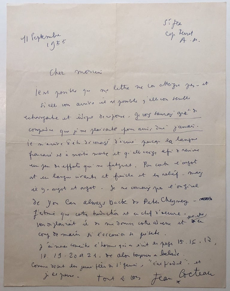 Item #274215 Autographed Letter Signed in French. Jean COCTEAU, 1889 - 1963.