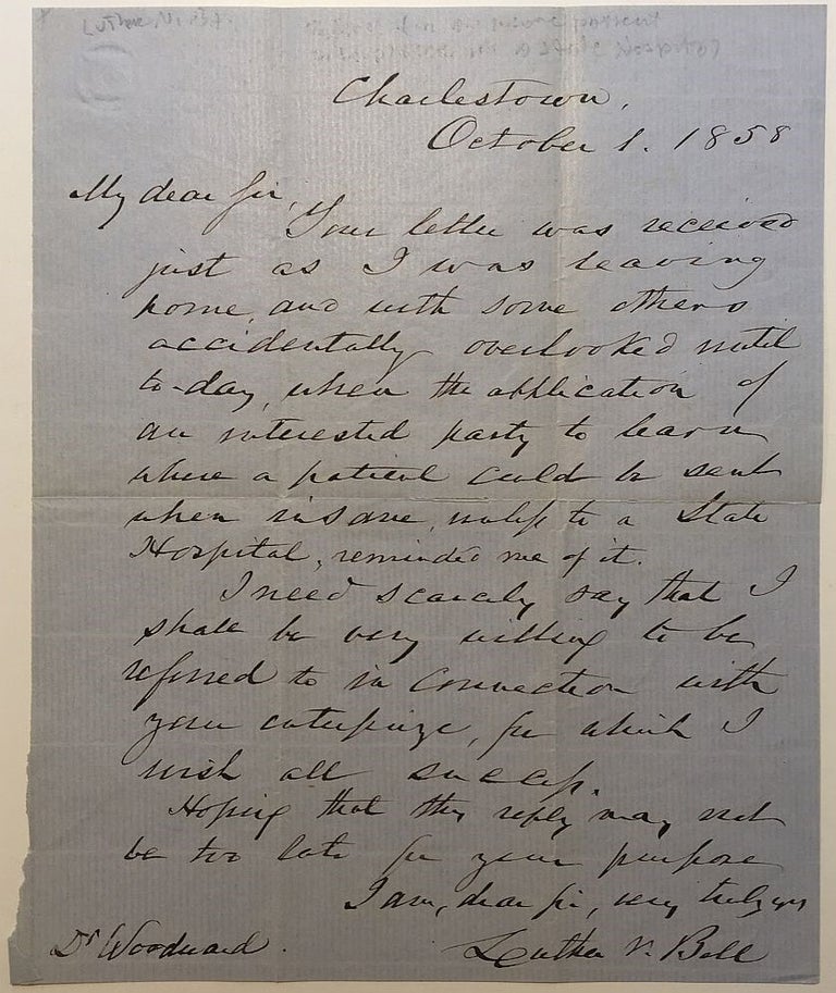 Item #274329 Autographed Letter Signed to a fellow doctor. Luther V. BELL, 1806 - 1862.