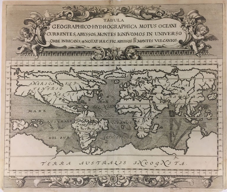 Item #279240 Tabula Geographico-Hydrographica Motus Oceani, Currentes, Abyssos, Montes Igniuomos In Universo Orbe Indicans, Notat Haec Fig. Abyssos Montes Vulcanios; (Volcanos and the Subterranean World Map). Athanasius KIRCHER.