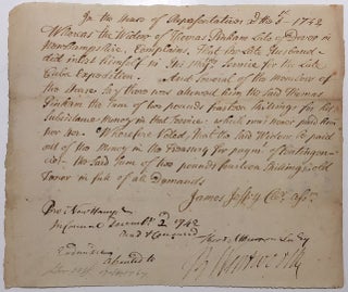 Item #279284 Signed legal document to a military widow. Benning WENTWORTH, 1696 - 1770