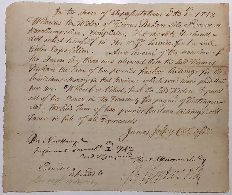 Item #279284 Signed legal document to a military widow. Benning WENTWORTH, 1696 - 1770.