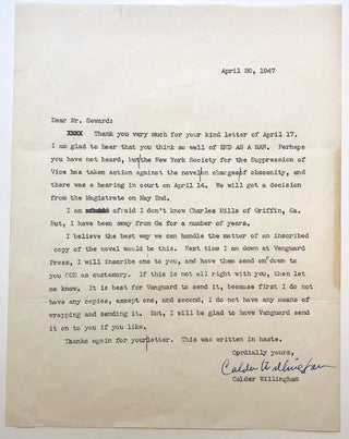 Item #279391 Important Typed Letter Signed about the book "End of Man" Calder WILLINGHAM, 1922 -...
