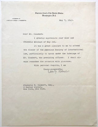Item #279400 Typed Letter Signed on Supreme Court letterhead. Owen S. ROBERTS, 1875 - 1955