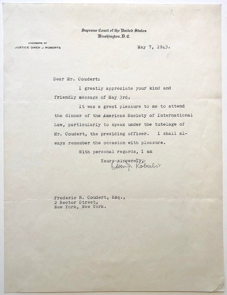 Item #279400 Typed Letter Signed on Supreme Court letterhead. Owen S. ROBERTS, 1875 - 1955.