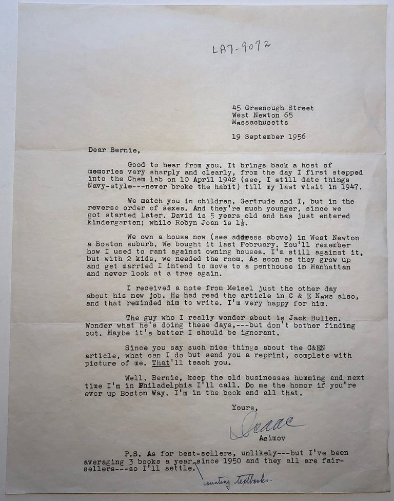 Item #279528 Typed Letter Signed with a handwritten addition. Isaac ASIMOV, 1920 - 1992.