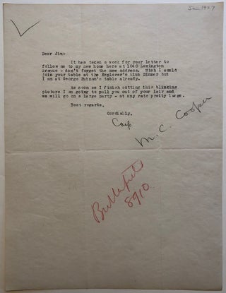 Item #279977 Rare typed letter signed "Coop" Merian Caldwell COOPER, 1893 - 1973