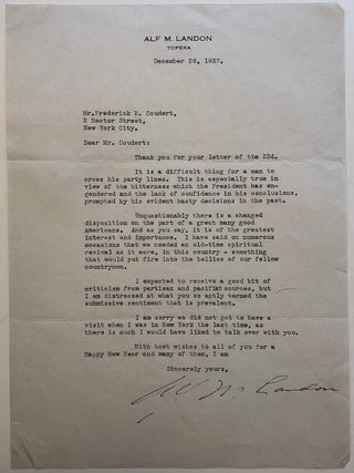 Item #280157 Outstanding typed letter signed about Franklin D. Roosevelt. Alf LANDON