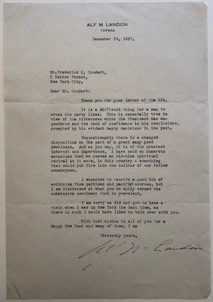 Item #280157 Outstanding typed letter signed about Franklin D. Roosevelt. Alf LANDON, 1887 - 1987