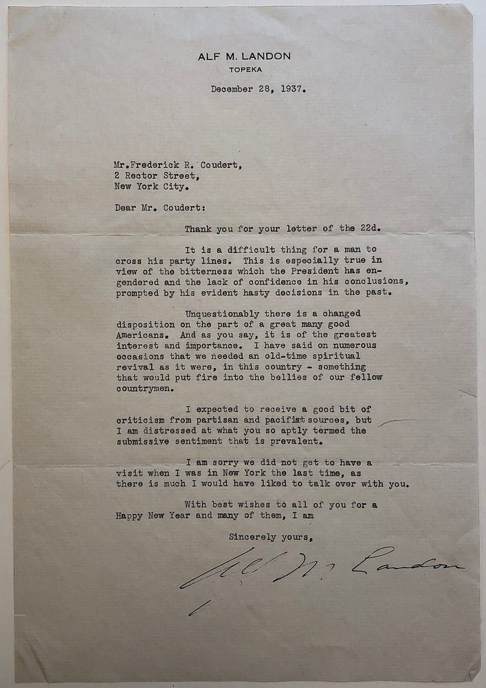 Item #280157 Outstanding typed letter signed about Franklin D. Roosevelt. Alf LANDON, 1887 - 1987.
