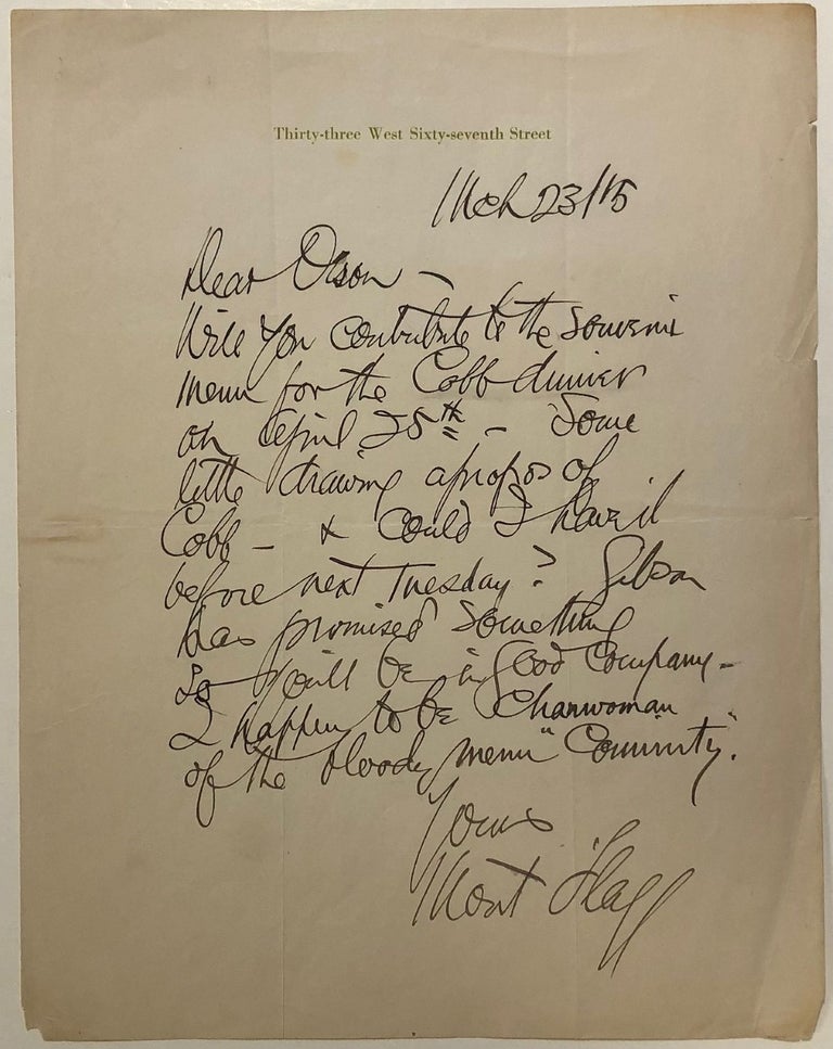 Item #280588 Autographed letter signed "Mont Flagg" James Montgomery FLAGG, 1877 - 1960.
