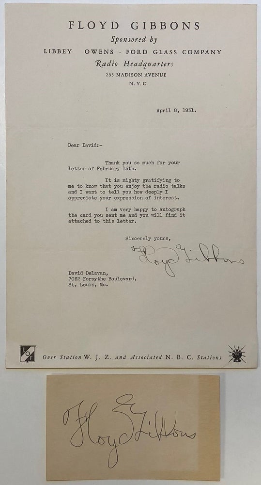 Item #281543 Typed letter signed on personal letterhead. Floyd GIBBONS, 1889 - 1939.