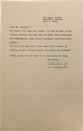 Item #281549 Typed letter signed to a TV newscaster. A. B. GUTHRIE, Jr, 1901 - 1991