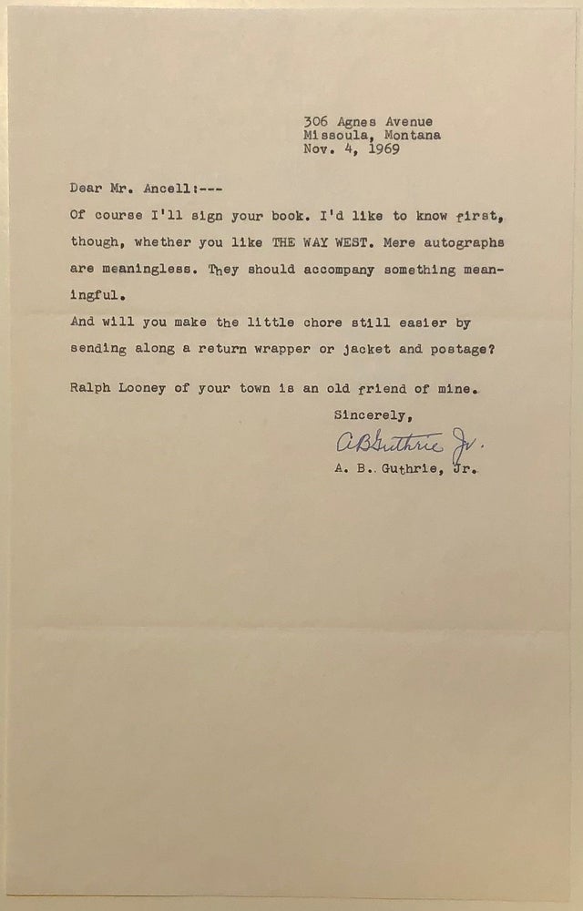 Item #281549 Typed letter signed to a TV newscaster. A. B. GUTHRIE, Jr, 1901 - 1991.
