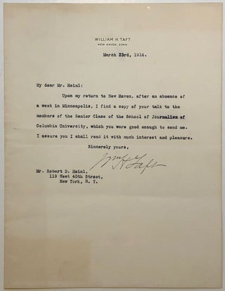 Item #281622 Typed letter signed on personal stationery. William Howard TAFT, 1857 - 1930