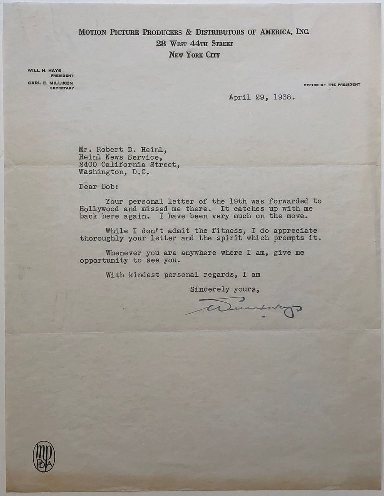 Item #281625 Typed letter signed to a journalist. William H. HAYS, 1879 - 1954.