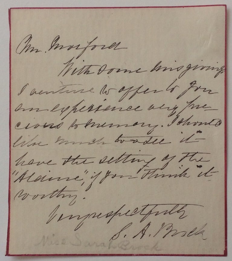 Item #282659 Autograph letter. Sarah Ann BROCK, 1831 - 1911.