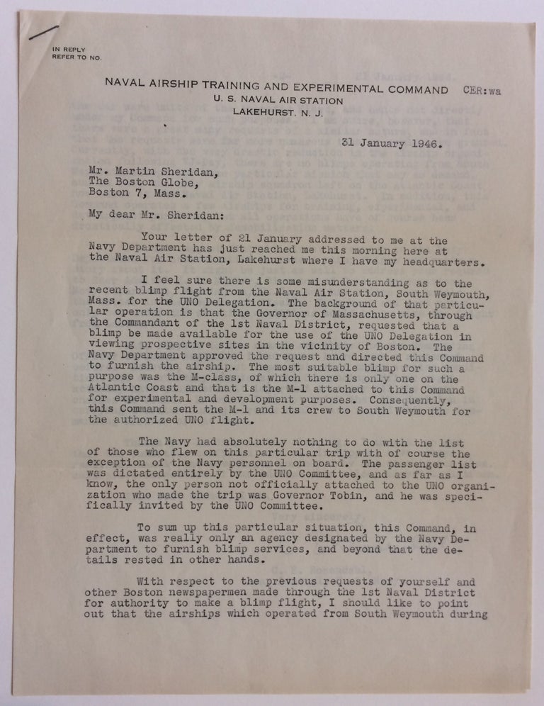 Item #282958 Typed Letter Signed. Charles E. ROSENDAHL, 1892 - 1977.