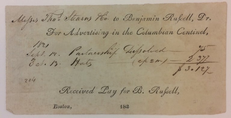 Item #283181 Partly Printed Document. Benjamin RUSSELL.