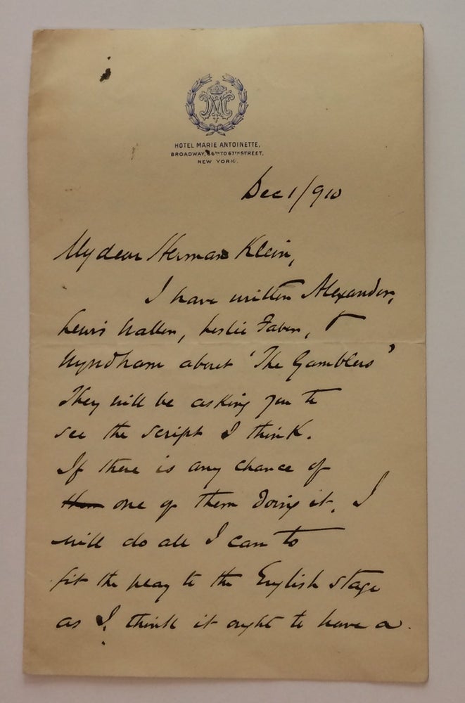 Item #283244 Autographed Letter Signed. Henry Arthur JONES, 1851 - 1929.