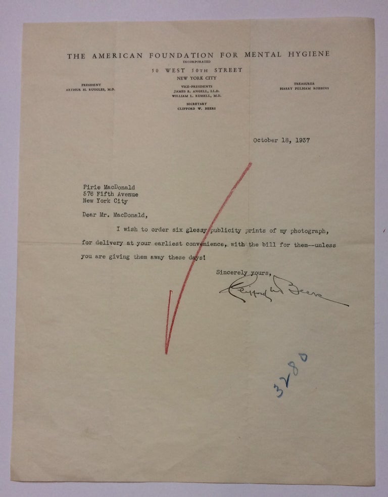 Item #283399 Typed Letter Signed. Clifford W. BEERS, 1876 - 1943.