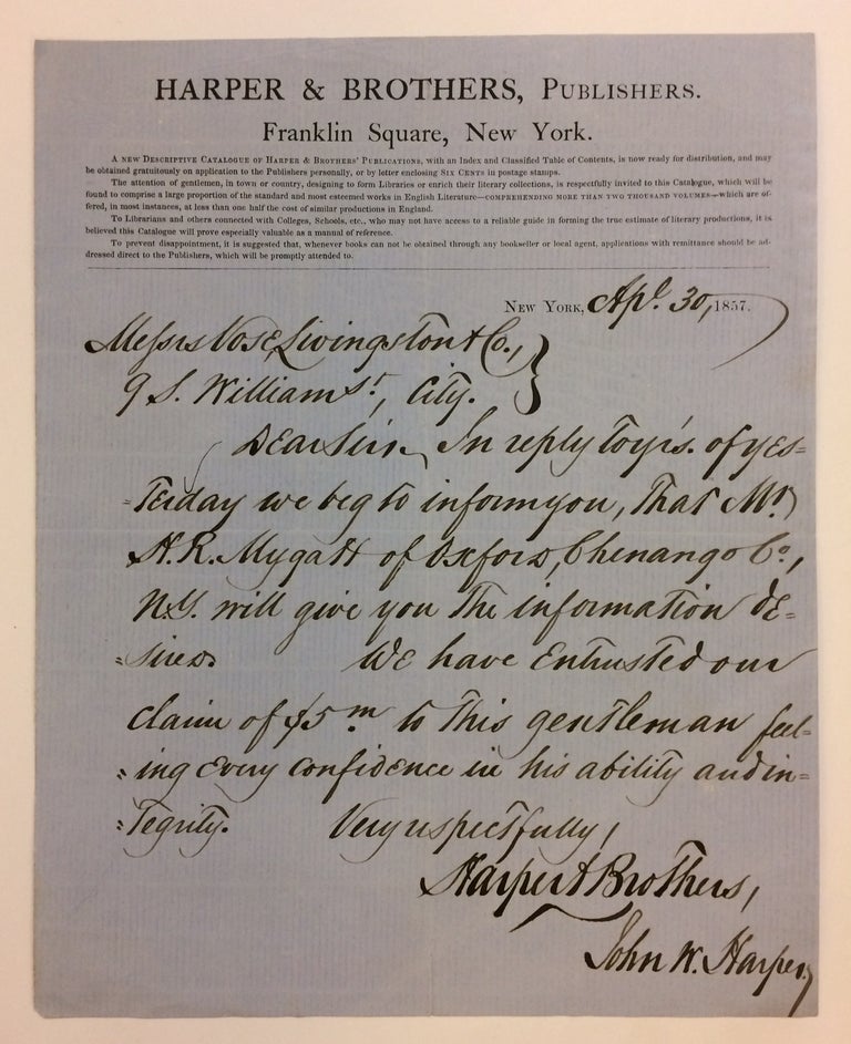Item #283578 Autographed Letter Signed. John W. HARPER, 1800 - 1869.