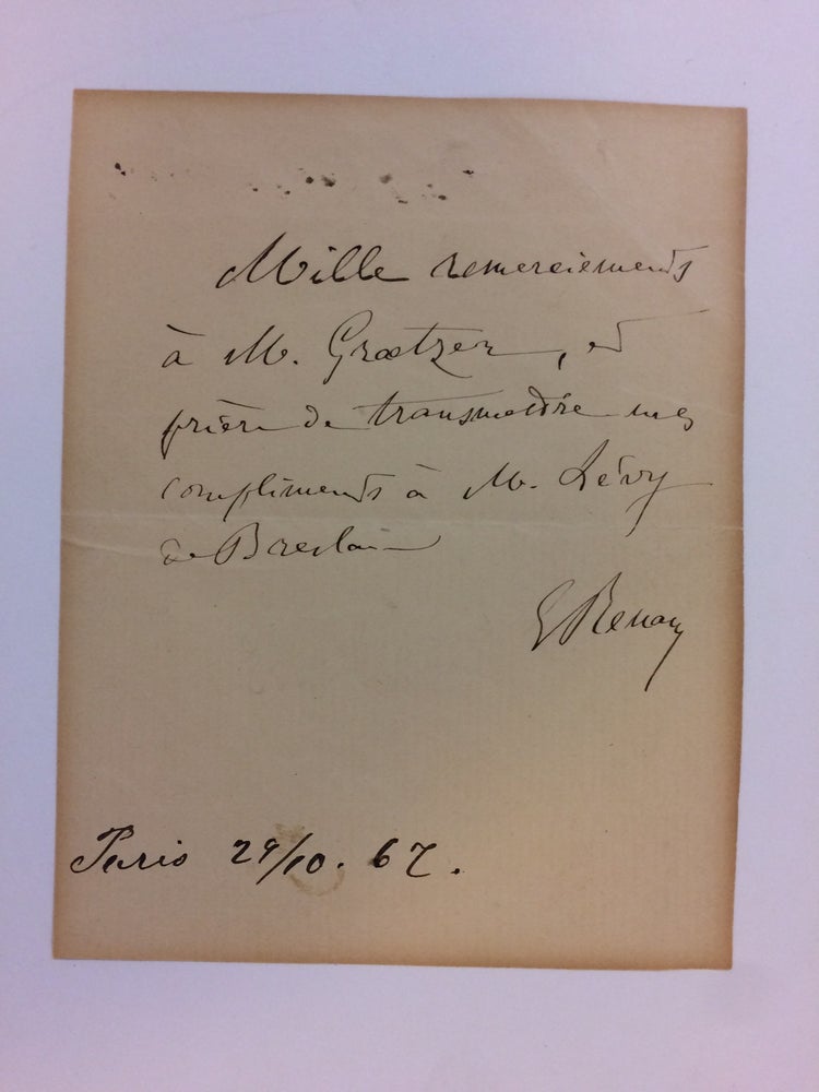 Item #283579 Autographed Note Signed. Joseph Ernest RENAN, 1823 -1892.