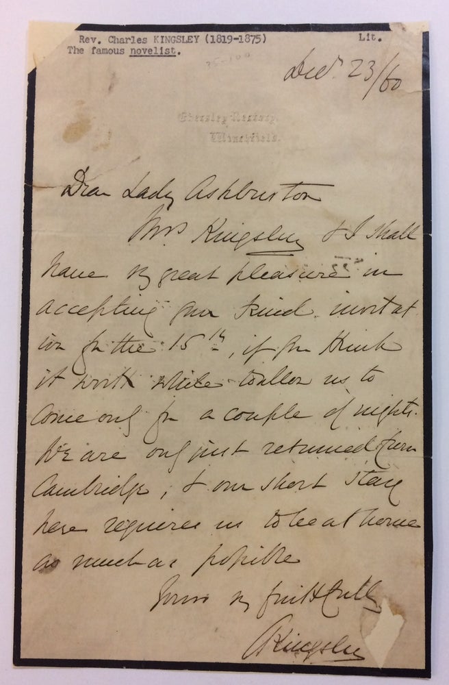 Item #283616 Autograph Letter Signed. Charles KINGSLEY, 1819 - 1875.