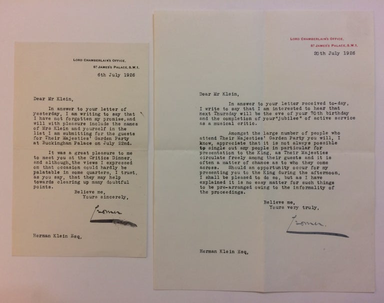 Item #283638 Typed Letters Signed (Two). Rowland BARING, 2nd Earl of Cromer, 1877 - 1953.