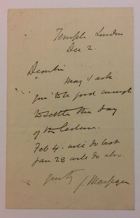 Item #283676 Autographed Signed Letter. John MACGREGOR, 1825 - 1892
