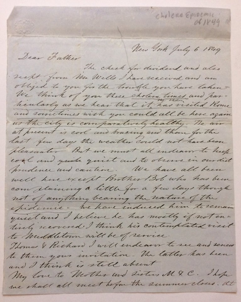 Item #283685 Autographed Letter Signed. NEW YORK STATE: Cholera Epidemic of 1849.
